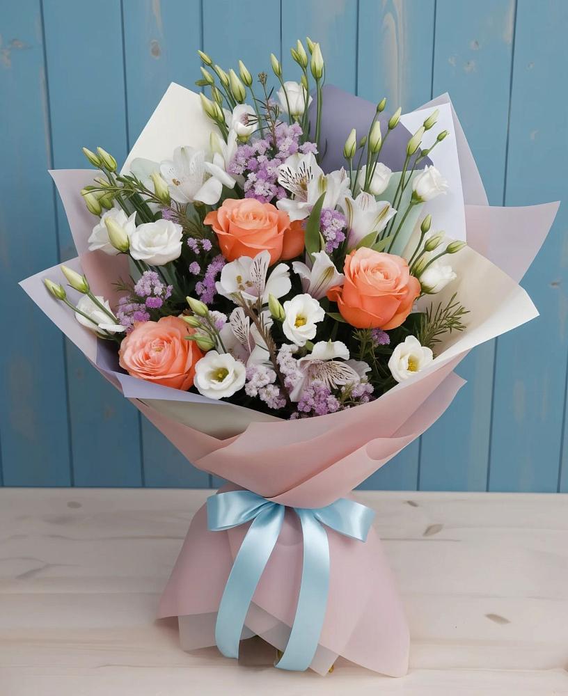 Букет цветов из: Лизиантусы, Розы, Альстромерии и Гипсофила в Пятигорске