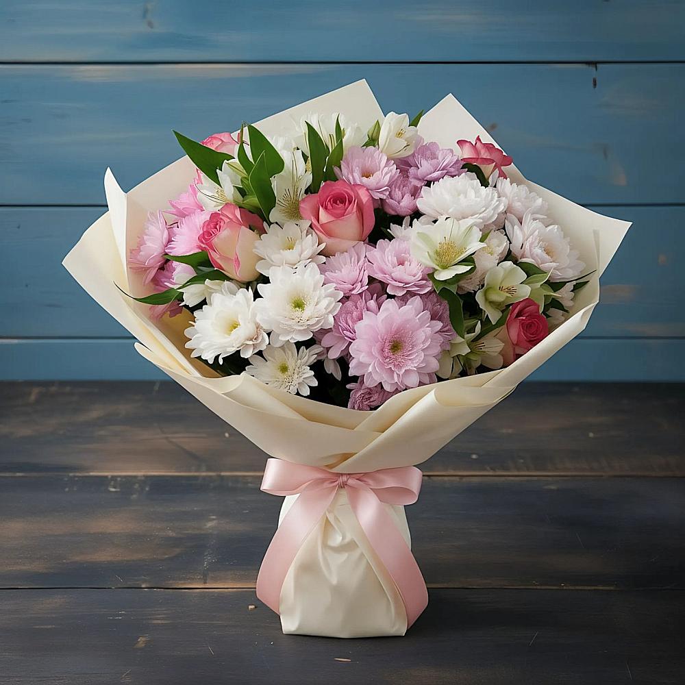 Букет цветов из: Хризантемы, Альстромерии и Розы в Пятигорске